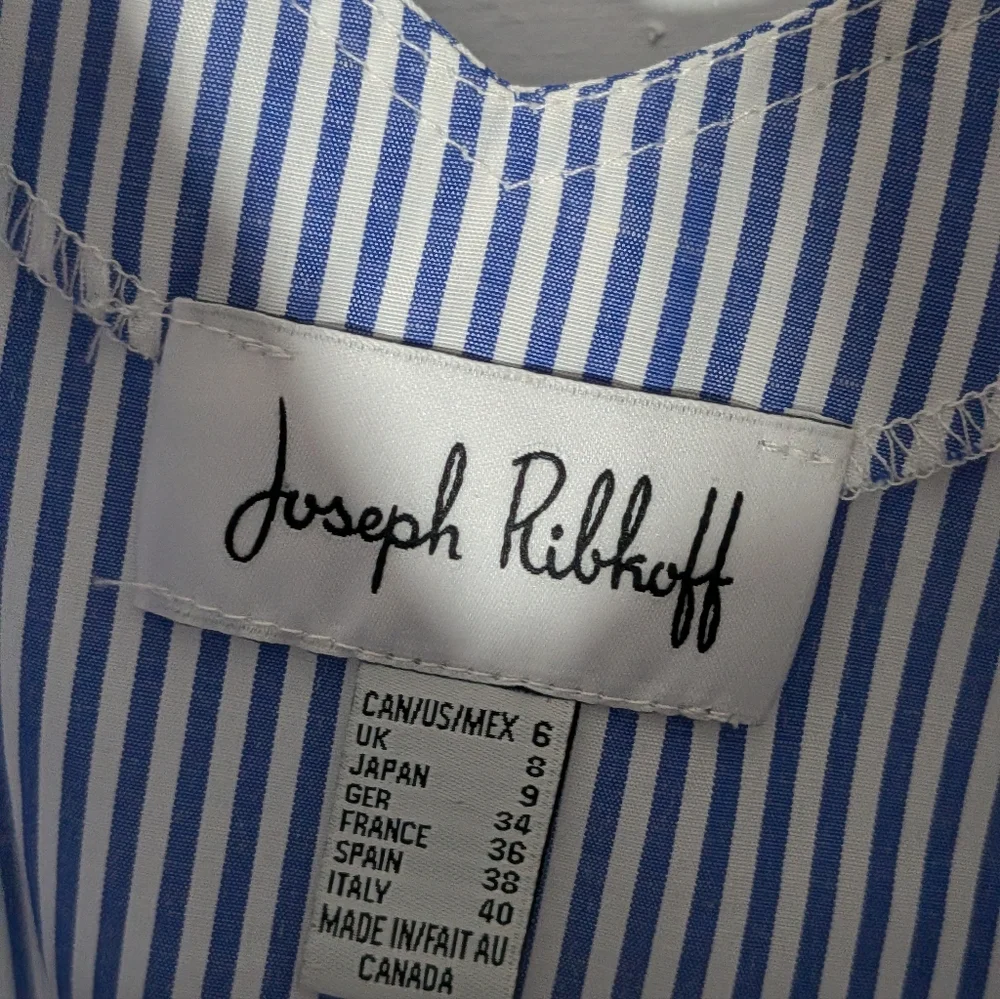 Joseph Ribkoff Blue & White Striped Blouse Floral Embroidered Sleeves - Picture 3 of 5